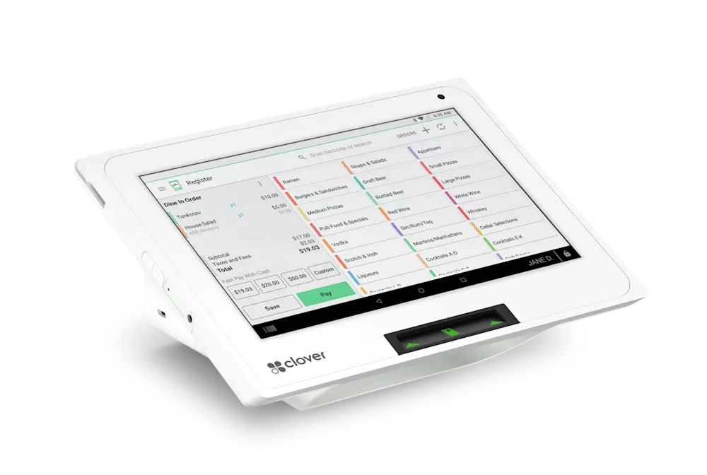 Clover Mini countertop point of sale showing the register screen